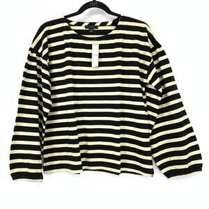 J.Crew Mariner Cloth Puff-Sleeve Striped Top Cream Black Womens Sz M 100% Cotton